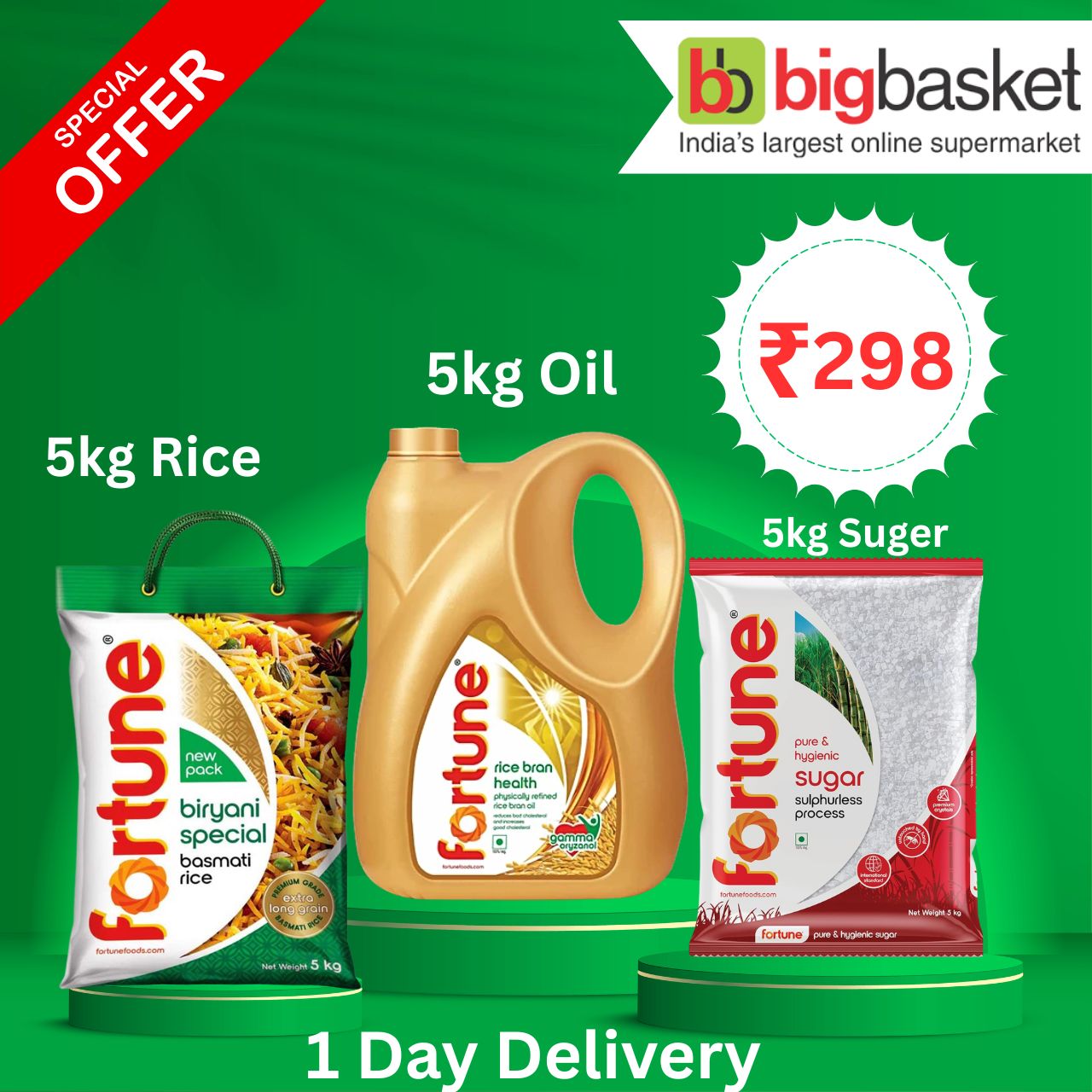 Combo of 5kg Rice, 5kg Oil and 5kg Sugar